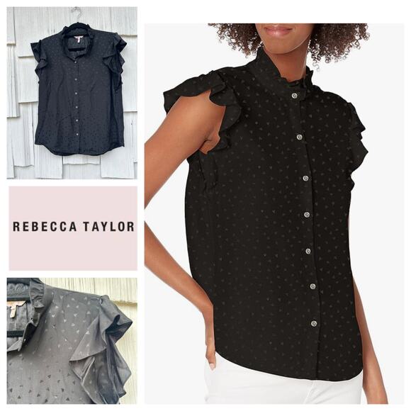 Rebecca Taylor‎ Sleeveless Silk Ruffle Blouse Black Button-Down Size 10 - Picture 1 of 8